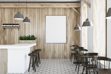 Ahşap bar, beyaz stand ve tablolar