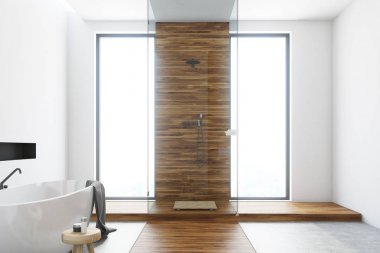 Beyaz beyaz ve ahşap banyo küvet