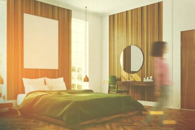 Beyaz ve ahşap yatak odası, tonda poster yan