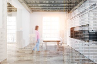 Beyaz mutfak iç, ahşap tavan tonda