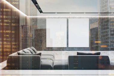 Gri ahşap oturma odası kanepe, tonda posterler