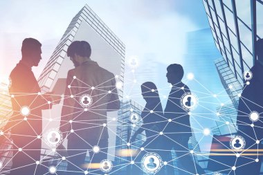 İş insanlar siluetleri mavi şehir, ağ