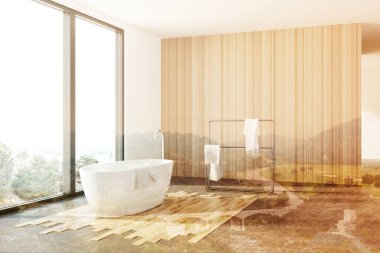 Beyaz ve ahşap banyo, beyaz küvet, tonda çatı