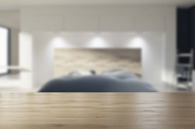 Siyah ve beyaz yatak odası, önden görünüm bulanık