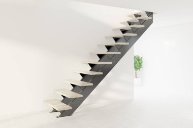 Boş düz gri ve Ahşap merdiven