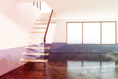 Düz, penceresinde çift mavi beyaz ve cam merdiven