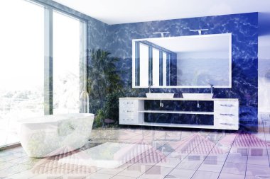 Mermer banyo, beyaz küvet, lavabo tonda