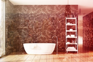 Mermer banyo, beyaz küvet, çift raflar