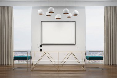 Beyaz yemek odası, mavi sandalye, poster