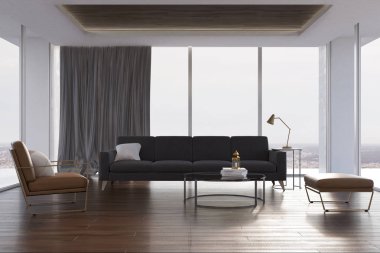 Çatı katında salon, gri kanepe ve koltuk