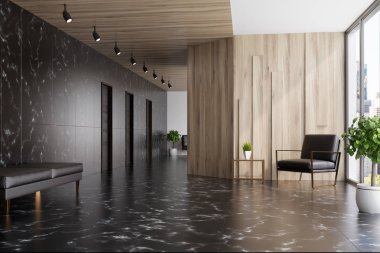 Siyah Mermer ve ahşap Asansör hall, koltuk