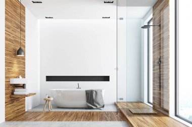 Ahşap ve beyaz banyo, küvet yuvarlak