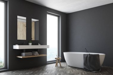 Gri banyo, beyaz küvet, köşe