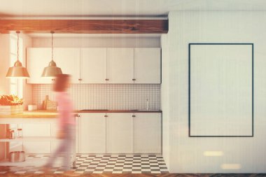 Beyaz mutfak iç, kiremitli kat, tonda poster