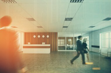 Beyaz ve ahşap Resepsiyon, office lobi, insanlar