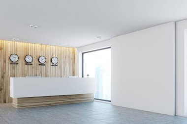 Resepsiyon ve dünya zaman masa saati, ahşap, yan