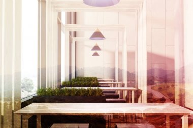 Plank kafe iç, çim tonda