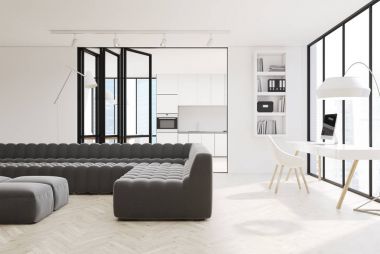 Beyaz salon iç, siyah kanepe