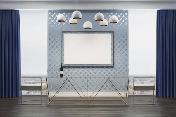 Gri yemek odası, beyaz koltukları, poster