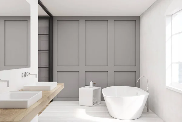 Salle de bain grise, lavabo en bois — Photo