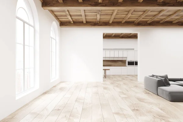 Beyaz mutfak iç ve oturma odası — Stok fotoğraf