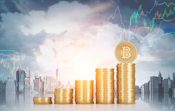 Stacks of bitcoins, graphs and a cityscape — Stock Photo, Image