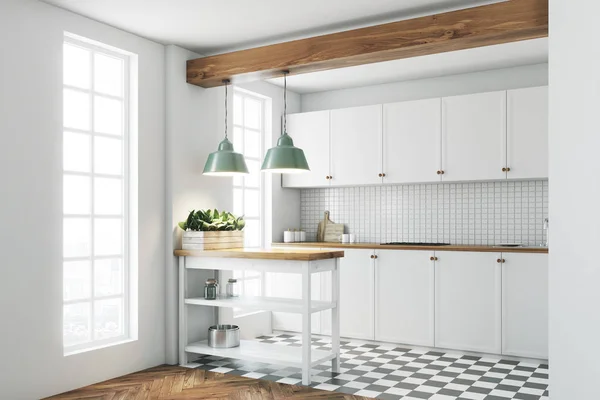 Witte keuken interieur, betegelde vloer, kant — Stockfoto