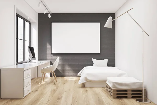Gray bedroom, computer and poster — Stock Photo, Image
