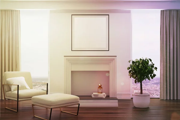 Sala de estar branca, poltrona branca, lareira tonificada — Fotografia de Stock