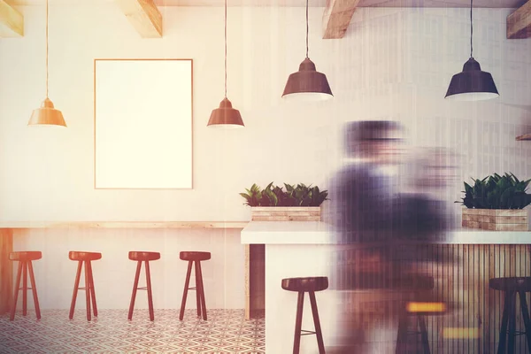 White wooden bar, white stand and poster toned