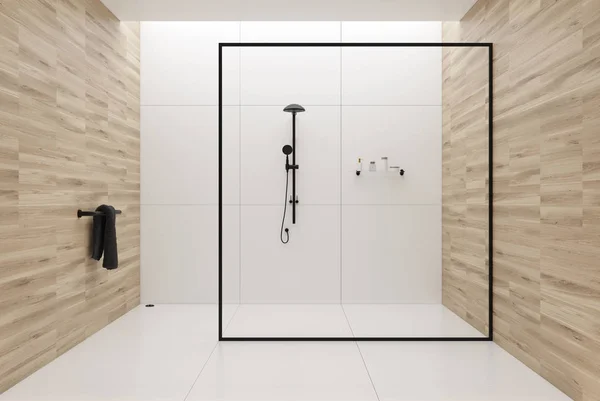 Bílé a dřevěná koupelna sprcha — Stock fotografie