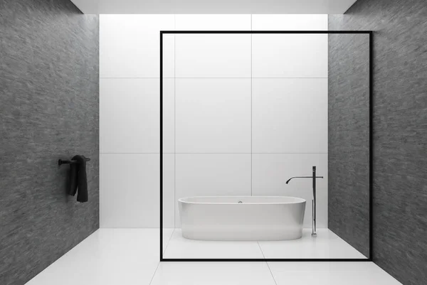 Banheiro branco e cinza, banheira redonda — Fotografia de Stock