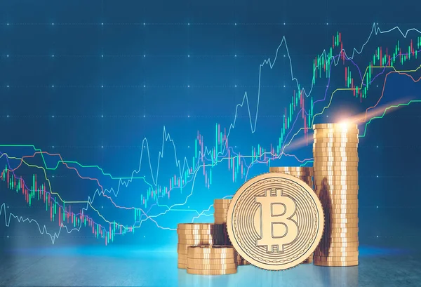 Bitcoins, grafikonok, kék háttér — Stock Fotó