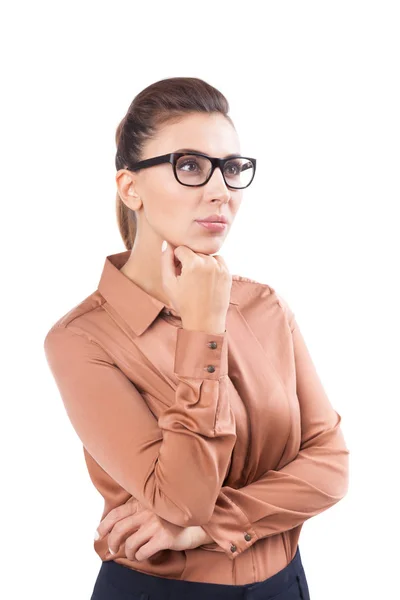 Retrato aislado de una mujer pensativa en beige — Foto de Stock