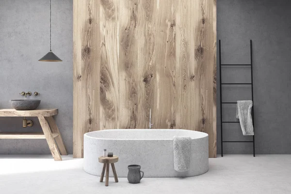 Betonowe i drewniane łazienka, okrągły z hydromasażem — Zdjęcie stockowe