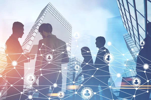 İş insanlar siluetleri mavi şehir, ağ