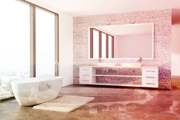 Concrete bathroom, white tub, sink, loft toned
