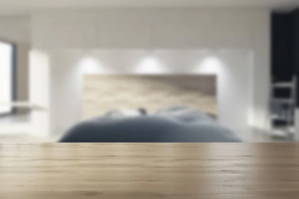 Siyah ve beyaz yatak odası, önden görünüm bulanık — Stok fotoğraf