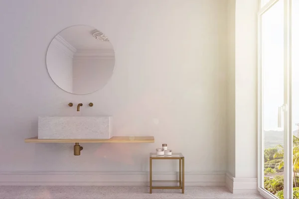 Біла ванна кімната, мармурова раковина і тоноване дзеркало — стокове фото