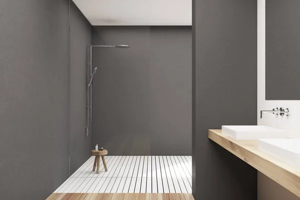 Baño gris, lavabo y ducha — Foto de Stock