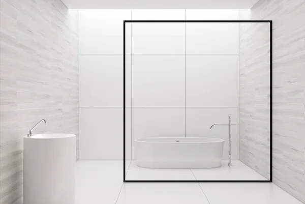 Casa de banho de madeira branca, banheira branca e pia — Fotografia de Stock