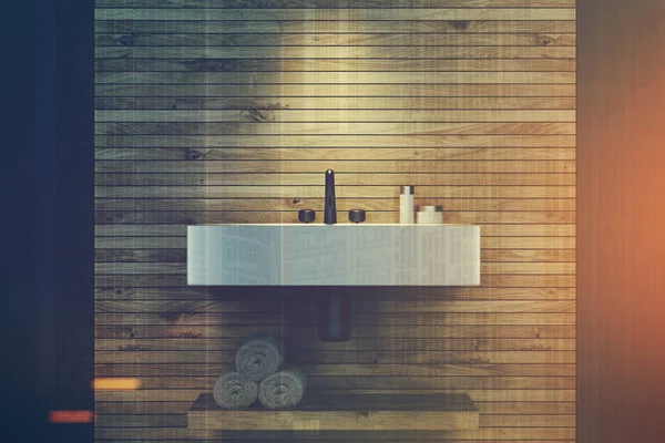 Γκρι και ξύλινο μπάνιο, διπλό νεροχύτη closeup — Φωτογραφία Αρχείου