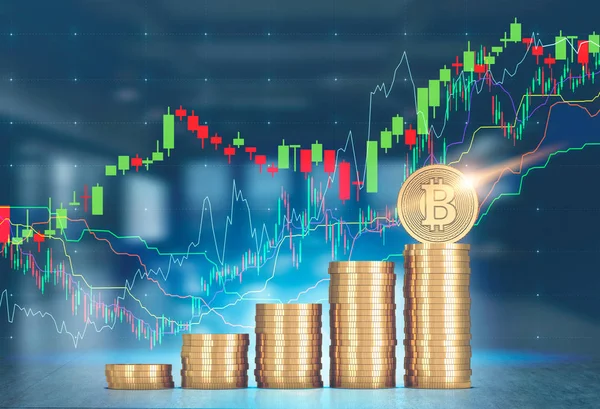 Στοίβες των bitcoins, γραφήματα και αστικό τοπίο, γραφείο — Φωτογραφία Αρχείου