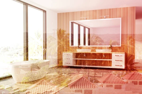 Ahşap banyo, beyaz küvet, lavabo, çift çatı