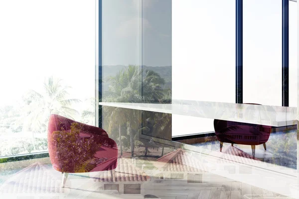 Bekleyen alan, kırmızı koltuk, pencere office tonda