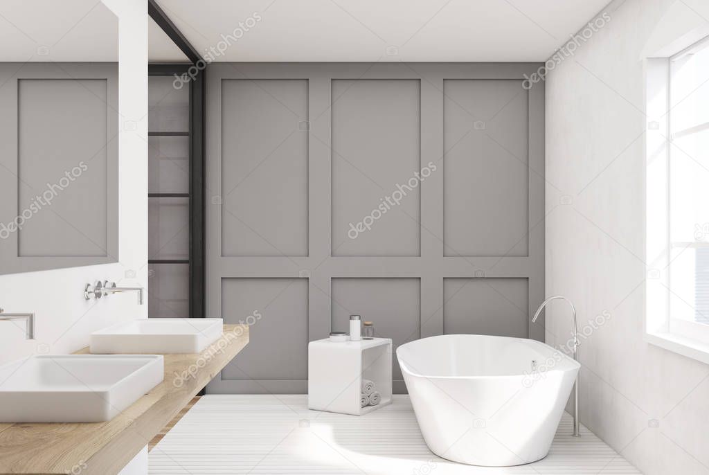 Gray bathroom, wooden sink