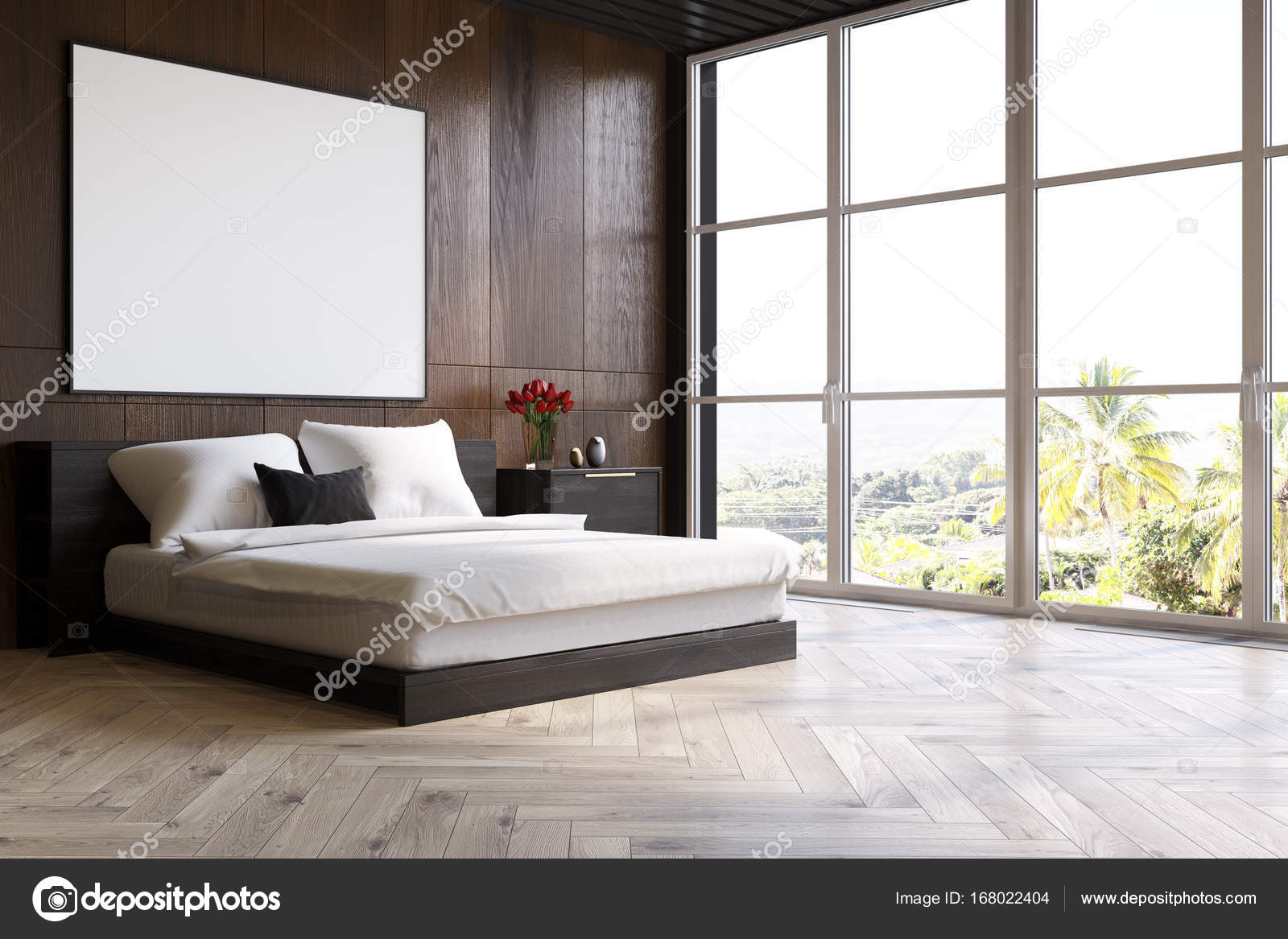 Dark Wooden Bedroom With A Poster Side Stock Photo