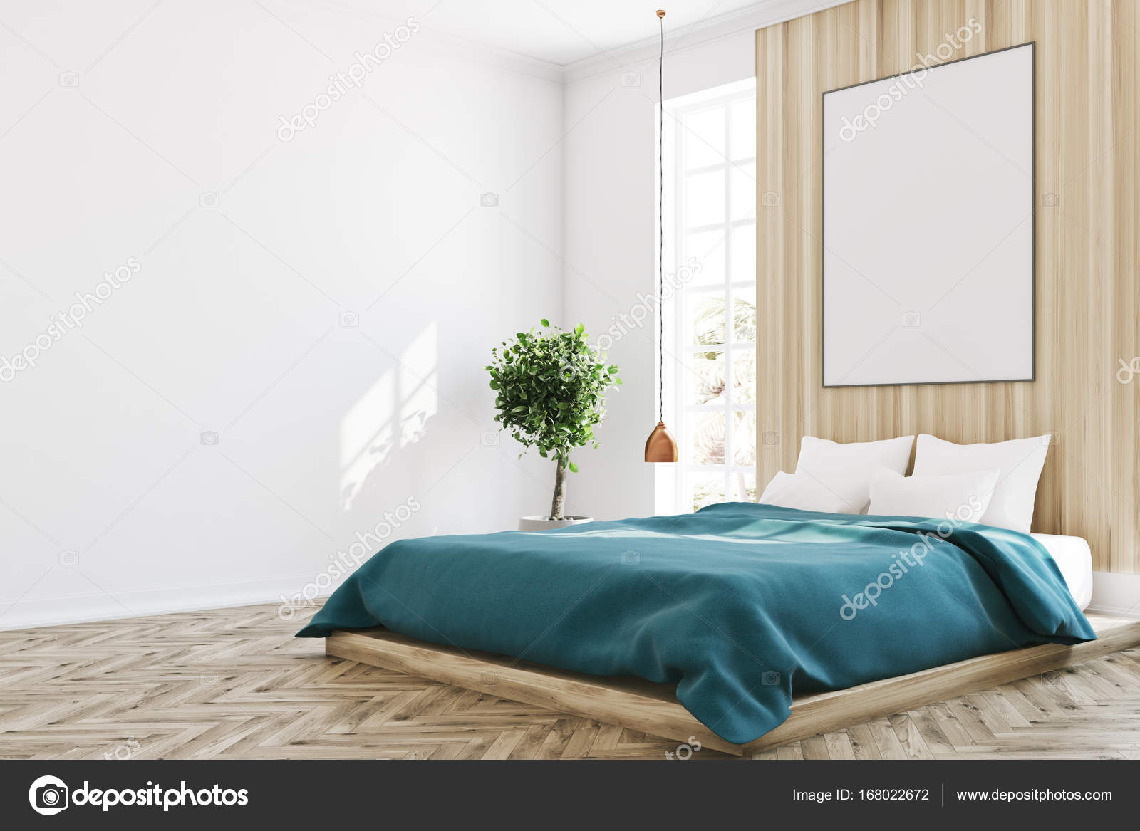 Witte en houten slaapkamer, poster, boom — Stockfoto ... Witte en houten slaapkamer, poster, boom — Stockfoto ...