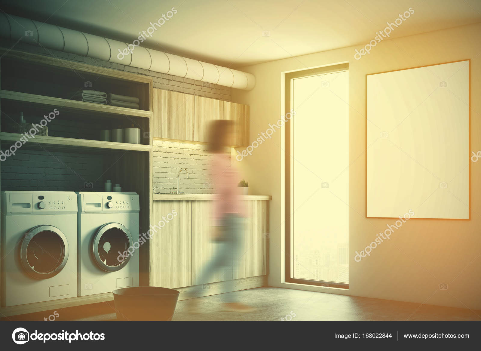 White Laundry Room Gray Washing Machines Side Girl Stock