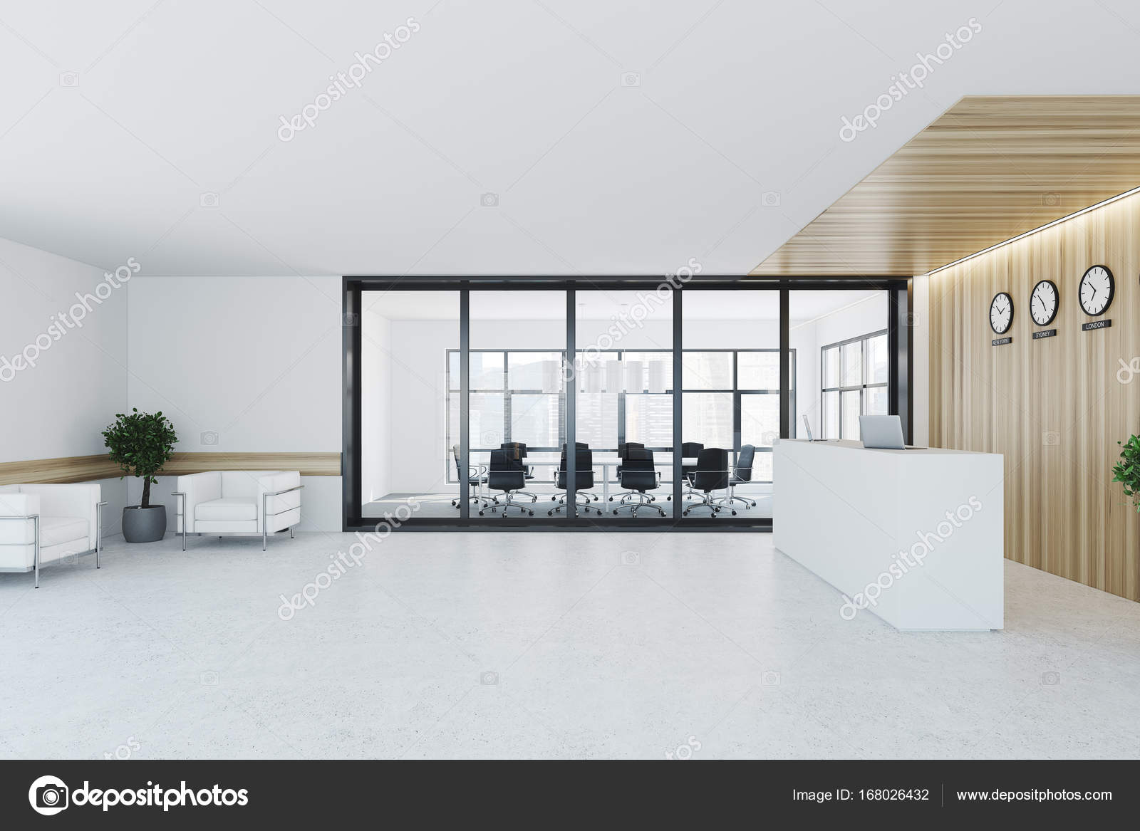 Bianca e legno reception, sala riunioni — foto stock ... Un pavimento di cemento o legno